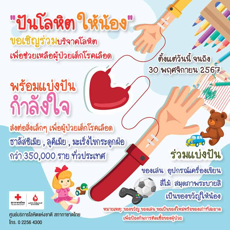 #ปันโลหิตให้น้อง
*** วันนี้ - 30 พฤศจิกายน 2567
ขอเชิญผู้ที่มีสุขภาพแข็งแรง
มาร่วมบริจาคโลหิต เพื่อช่วยเหลือผู้ป่วยเด็กโรคเลือด
ณ ศูนย์บริการโลหิตแห่งชาติ สภากาชาดไทย